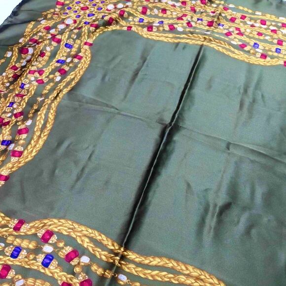 Authentic CHANEL Olive Green Multi Color 100% Silk Scarf - Picture 1 of 6